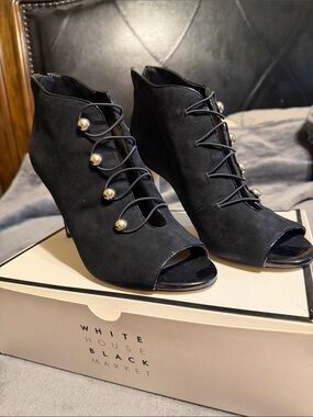 White House Black Market Black Suede Peep-Toe Lace-Up Ankle Boots